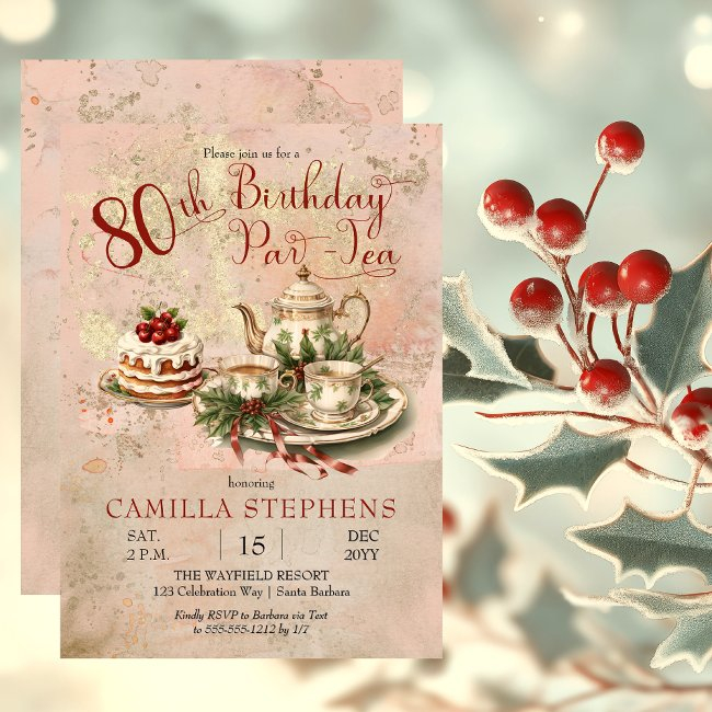 Elegant Winter 80th Birthday Par-tea Party Invitation