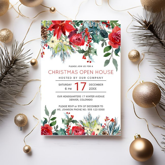 Elegant Winter Red Flowers Christmas Open House Invitation