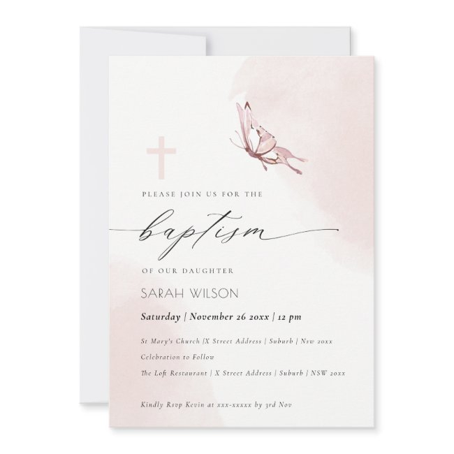 Elenant Blush Watercolor Butterfly Baptism Invitation