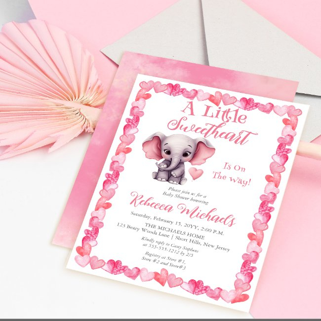 Elephant A Little Sweetheart Girl Baby Shower Invitation