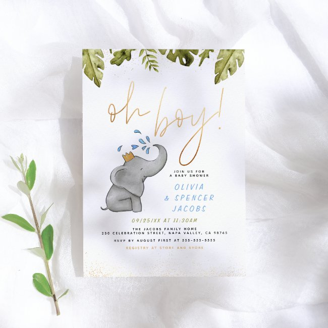 Elephant & Jungle Greenery Gold Oh Boy Baby Shower Invitation