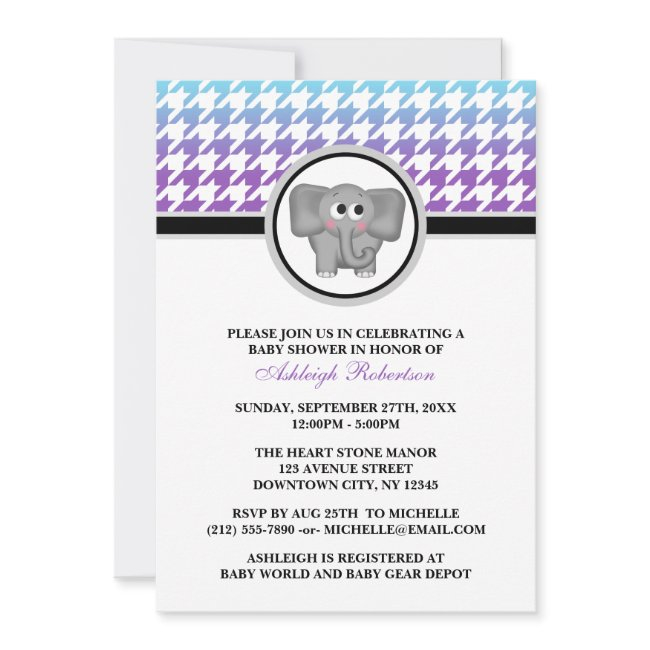 Elephant Ombre Aqua Purple Houndstooth Baby Shower Invitation