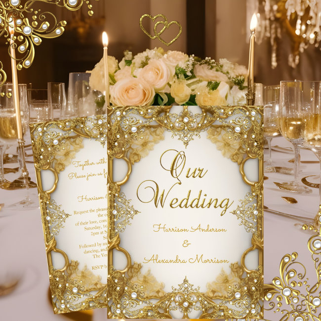 Elite Wedding Gold White Beige Cream Pearls Frame Invitation