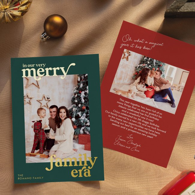 Emerald And Red Very Merry Family Era Retro Photo Foil Holiday Invitations