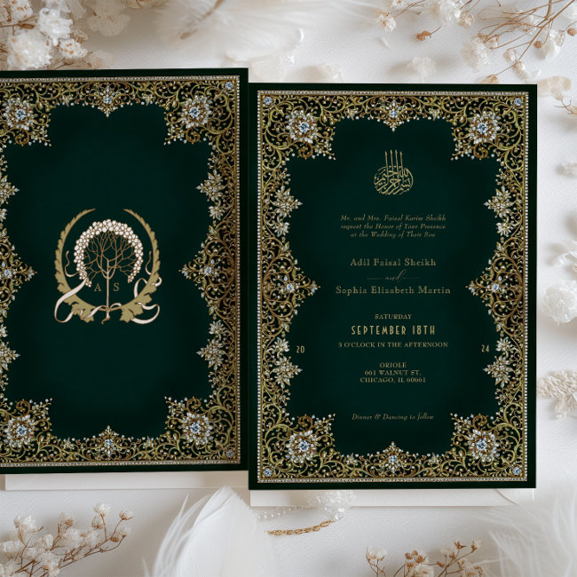 Emerald Antique Gold & Jeweled Islamic Wedding Invitation