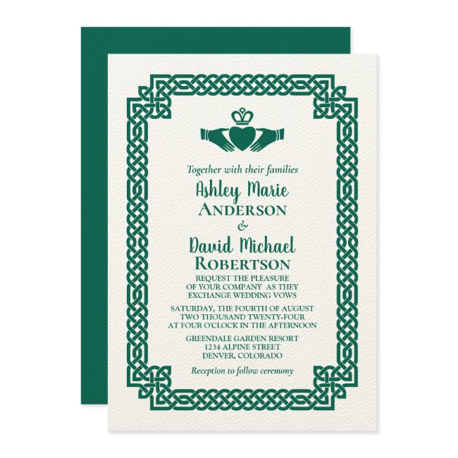 Emerald Green Celtic Knot Claddagh Wedding Invitation