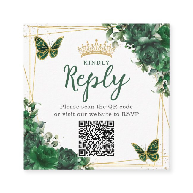 Emerald Green Floral Butterfly Quinceanera Qr Code Enclosure Invitations
