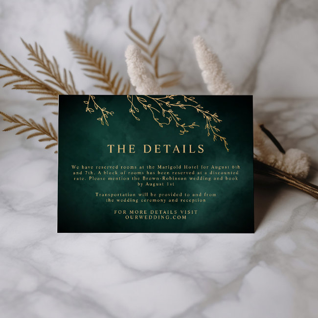 Emerald Green & Gold Botanical Elegant Wedding Enclosure Invitations