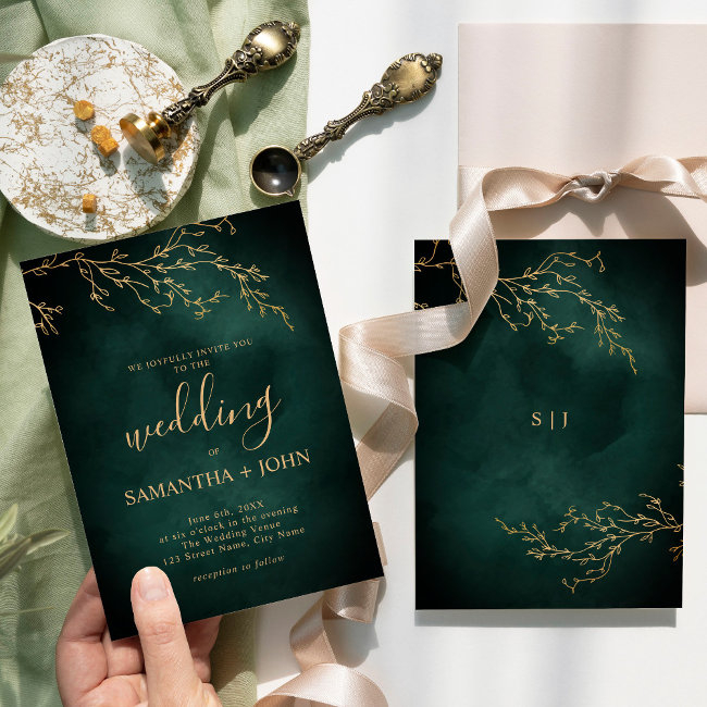 Emerald Green & Gold Botanical Elegant Wedding Invitation