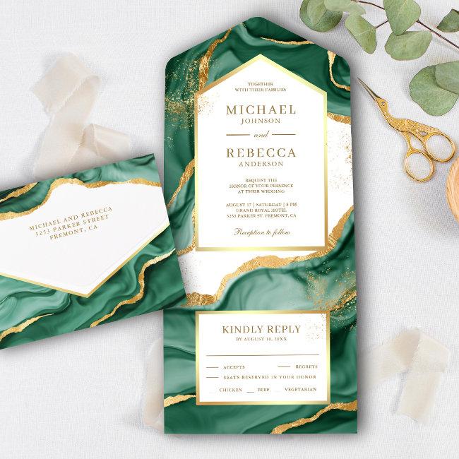 Emerald Green Gold Foil Abstract Fluid Ink Wedding All In One Invitation
