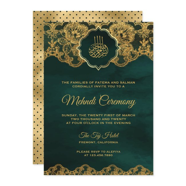 Emerald Green Gold Foil Lace Islamic Mehndi Invitation