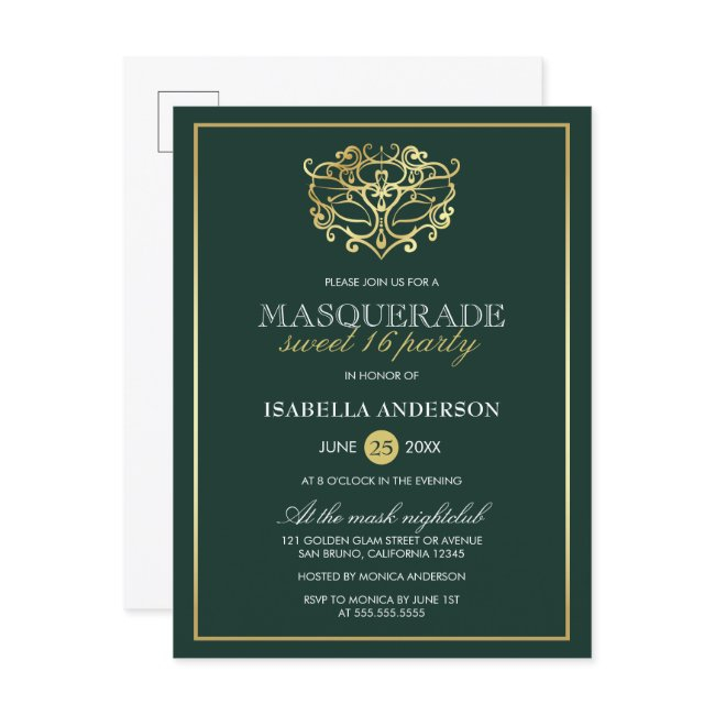 Emerald Green & Gold Masquerade Sweet 16 Party Invitation Postinvitations