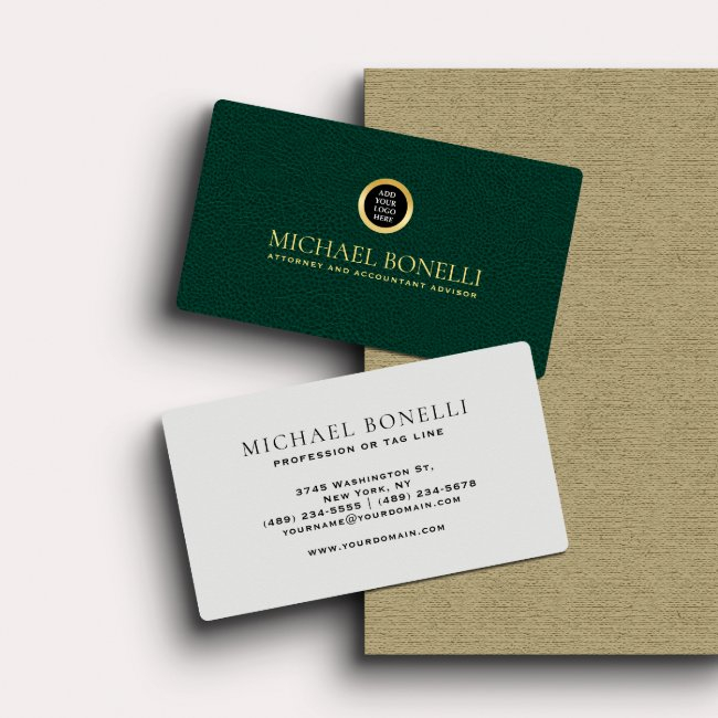 Emerald Green Leather Professional Round Gold Logo Business Invitations