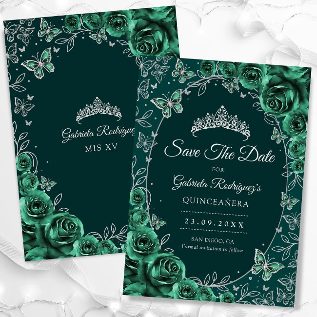 Emerald Green Silver Quinceanera Save The Date