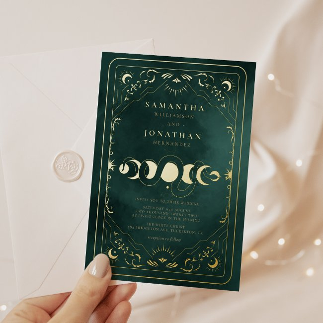 Emerald Green Tarot Celestial Wedding Gold Foil Invitation