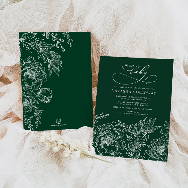 Emerald Green White Botanical Floral Baby Shower Invitation