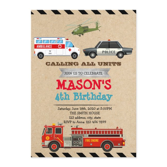 Emergency Vehicles Birthday Invitation