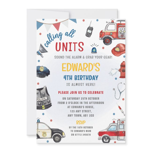 Emergency Vehicles Birthday Invite - Police, Fire