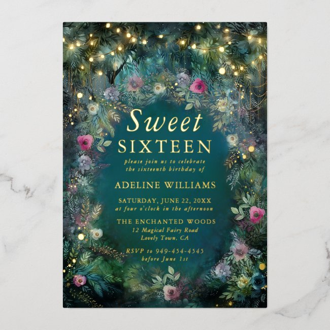 Enchanted Forest Rose Fairy Woodland Sweet 16 Foil Invitation