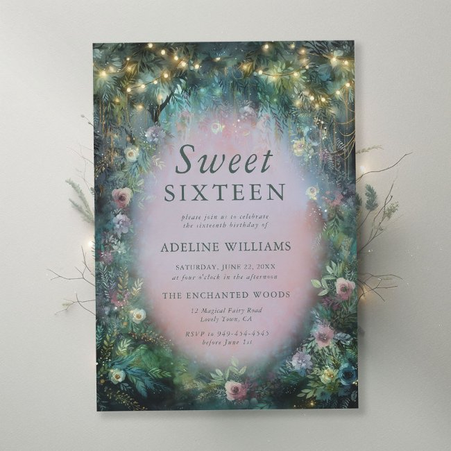 Enchanted Forest Roses Misty Pink Green Sweet 16 Invitation