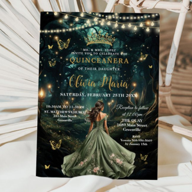 Enchanted Forest Sage Green Dress Quinceañera 16 Invitation