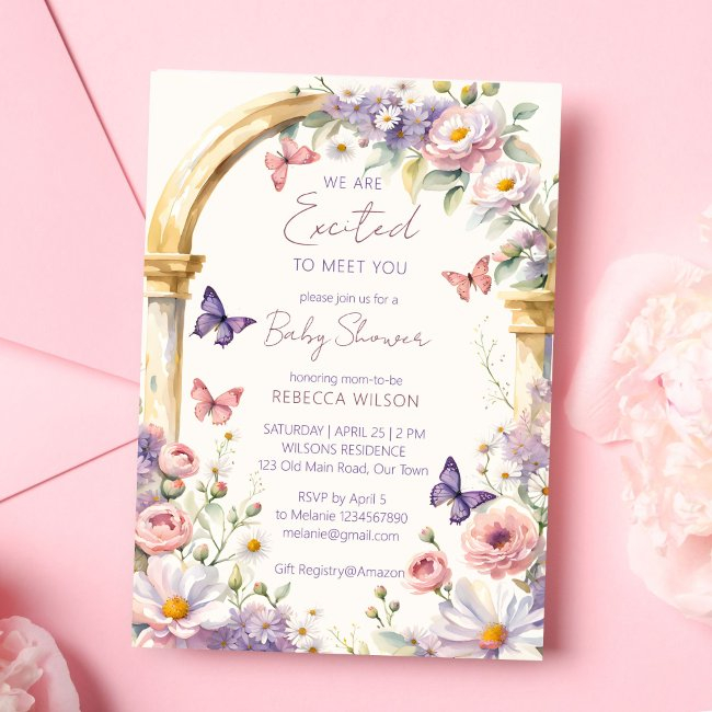 Enchanted Garden Pastel Butterflies Baby Shower Invitation