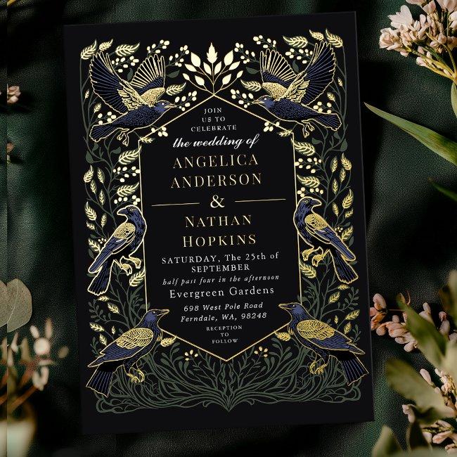 Enchanted Gothic Raven Floral Green Wedding Foil Invitation