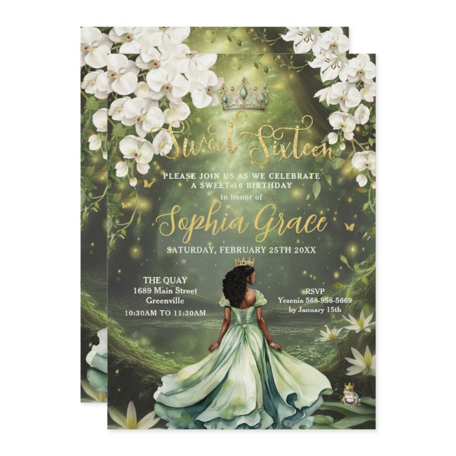 Enchanting Princess & Frog Green Dress Sweet 16 Invitation