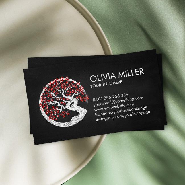 Enso Zen Circle Sakura Tree - Red Cherry Blossom Business Invitations