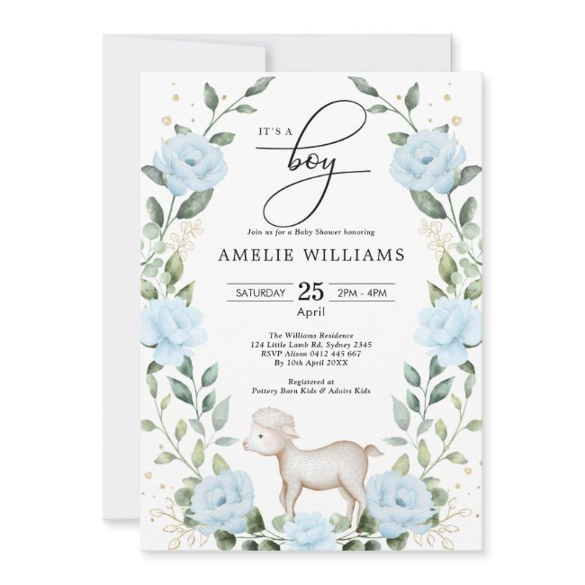 Eucalyptus Blue Flower Lamb Boy Baby Shower Invitation