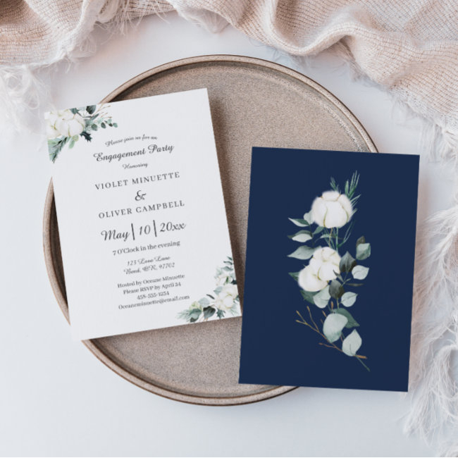 Eucalyptus Cotton White Modern V2 Engagement Party Invitation