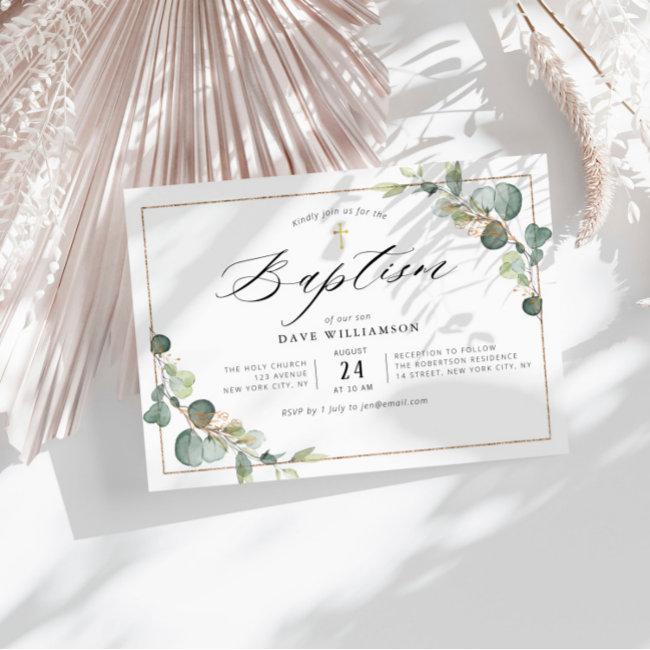 Eucalyptus Greenery Elegant Frame Baptism Invitation
