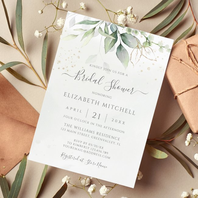 Eucalyptus Greenery Gold Leaves Bridal Shower Invitation