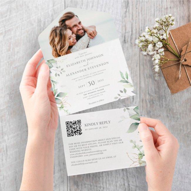 Eucalyptus Leaves Elegant Photo Qr Code Wedding All In One Invitation