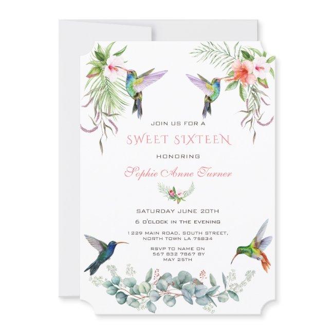 Exotic Pink Hibiscus Humming Birds Sweet Sixteen Invitation