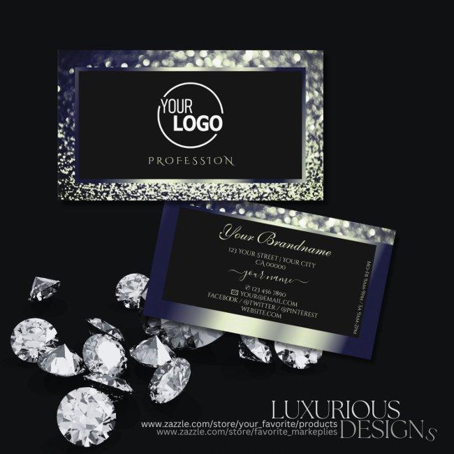 Eye Catching Blue Silver Ombre Glitter Logo Black Business Invitations