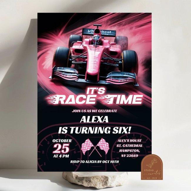 F1 Pink Racing Car Birthday Girl Invitation