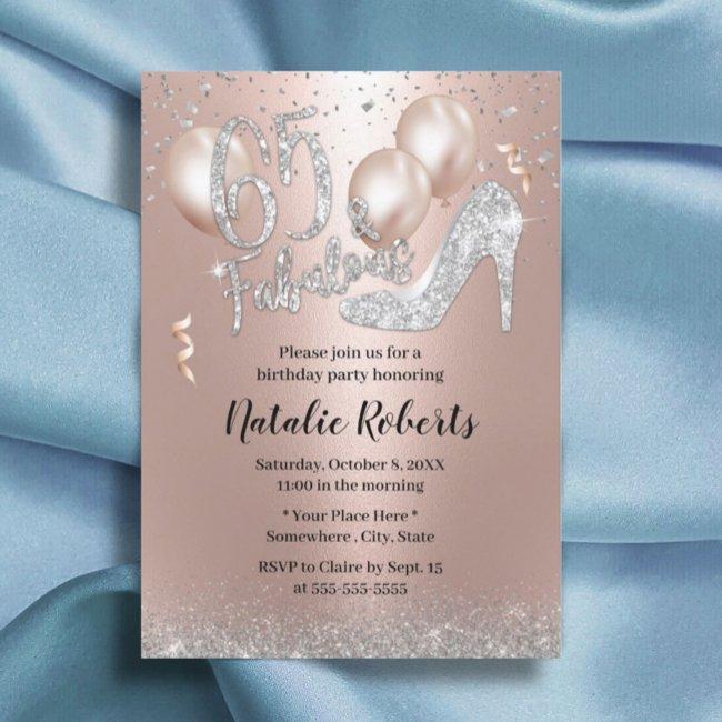 Fabulous Rose Gold Balloon High Heel 65th Birthday Invitation