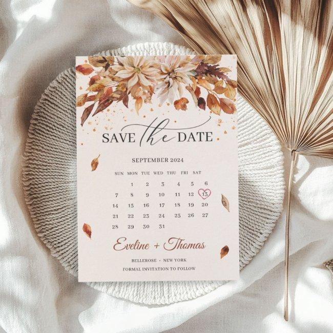 Fall And Autumn Flowers Marigold Calendar Boho Save The Date