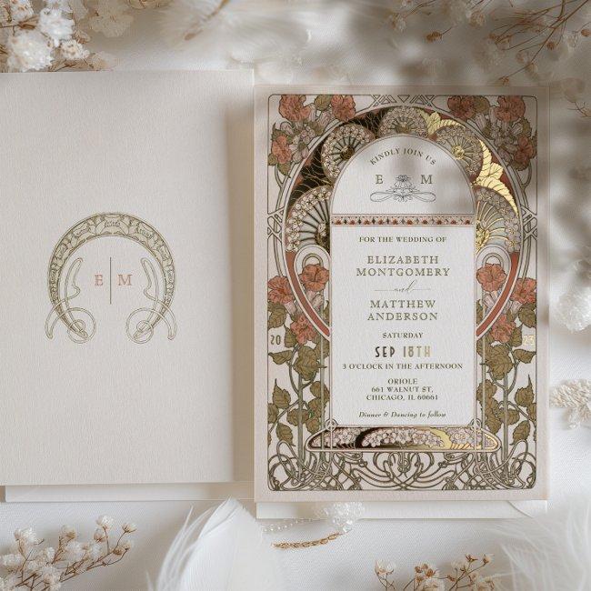 Fall Burnt Orange Gold Wedding Art Nouveau Mucha Foil Invitation