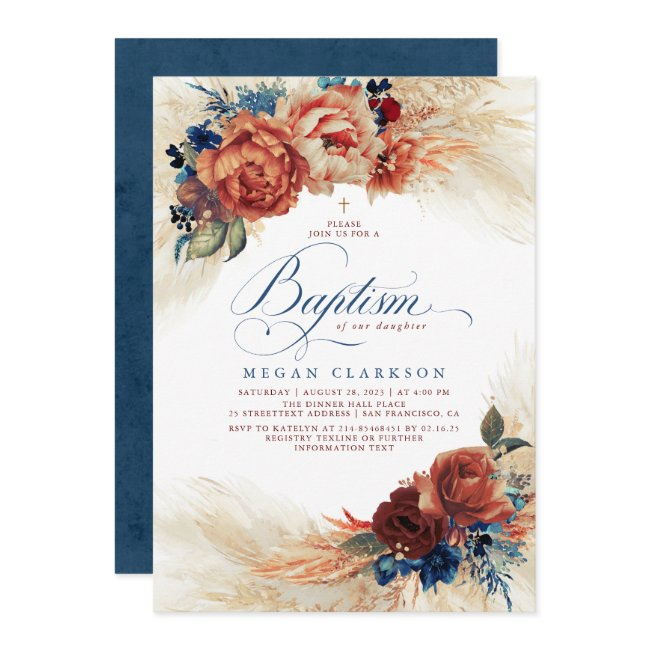 Fall Floral Navy Blue And Terracotta Baptism Invitation