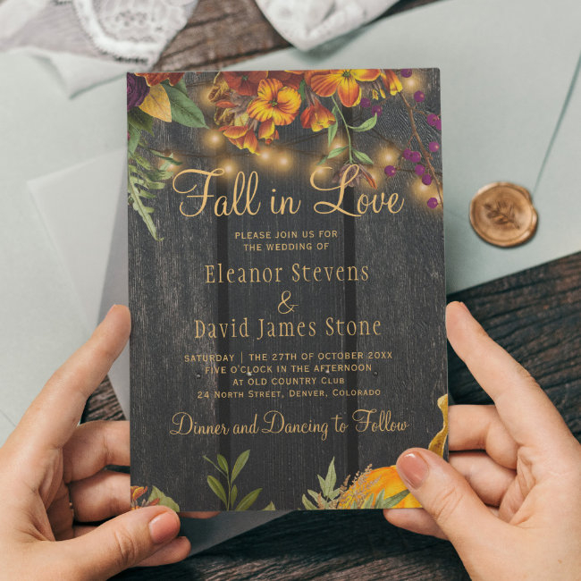 Fall In Love Autumn Fall Rustic Floral Wedding Invitation