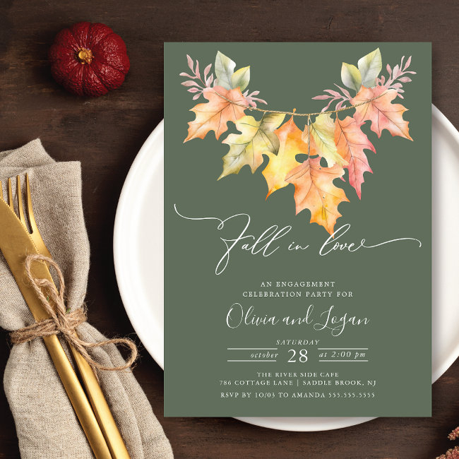 Fall In Love Fall Leaves Engagement Party Invitation