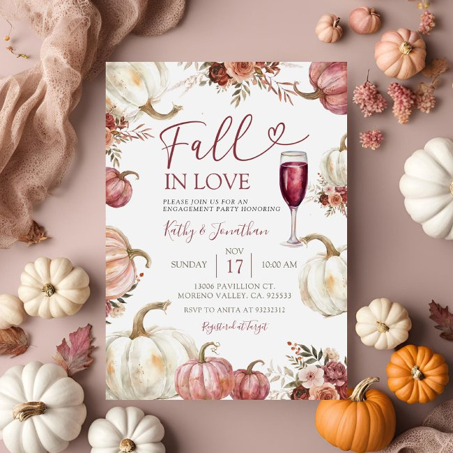 Fall In Love Ivory Pumpkin Floral Engagement Party Invitation