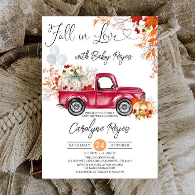 Fall In Love Red Pumpkin Pickup Truck Baby Shower Invitation