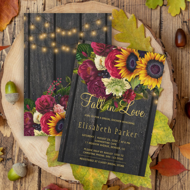 Fall In Love Rustic Sunflower Roses Bridal Shower Invitation
