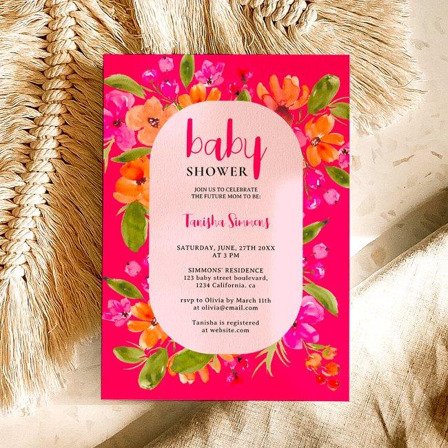 Fall Retro Pink Orange Floral Script Baby Shower Invitation