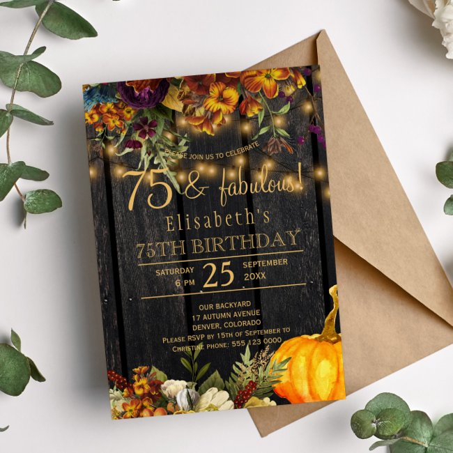 Fall Rusty Flowers Rustic Chic 75 Fabulous Years Invitation