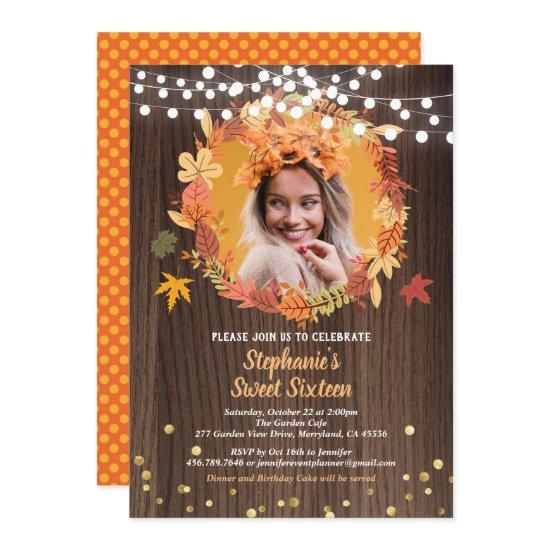 Fall Sweet Sixteen 16 Photo Invite Wreath Rustic