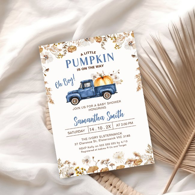 Fall Wildflower Blue Pumpkin Truck Baby Shower Invitation